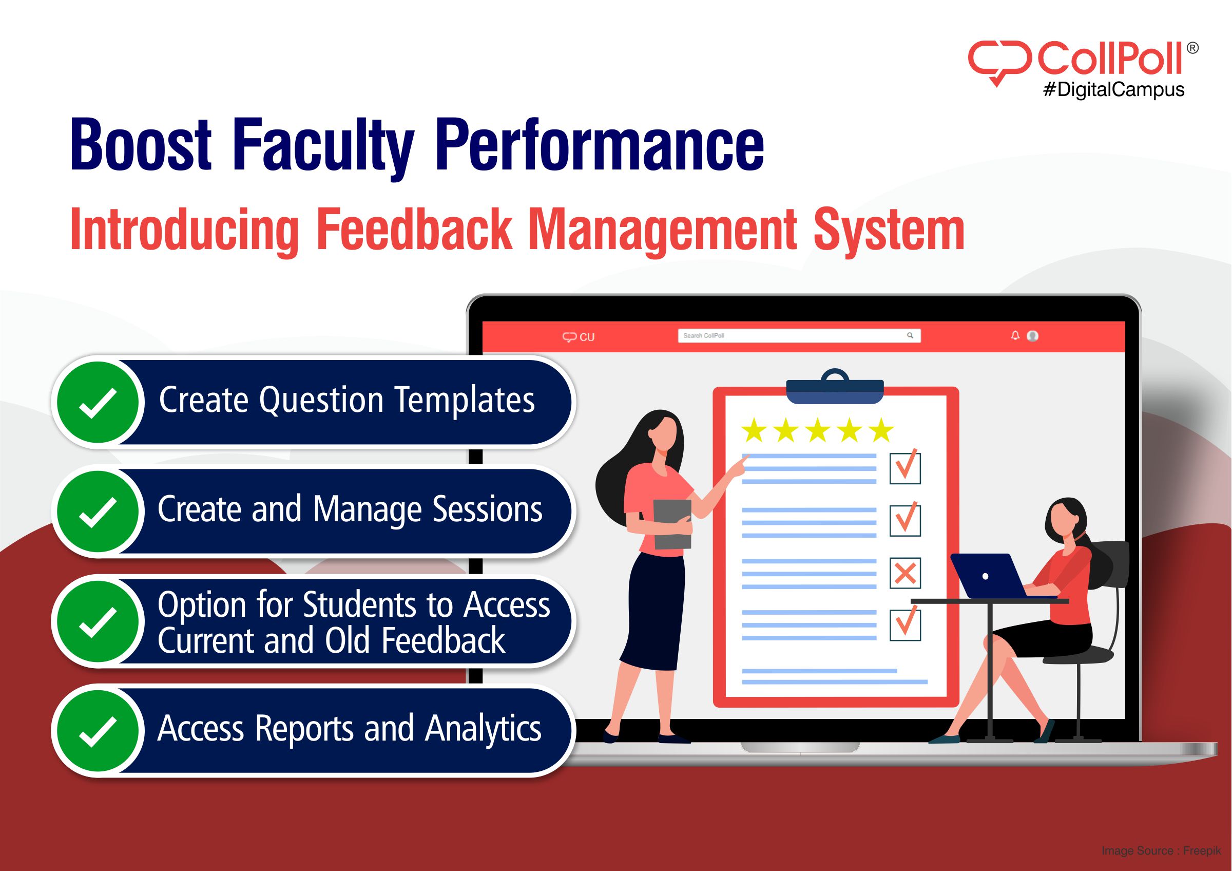 CollPoll’s online feedback management system helps institutions to collect feedback from the students, rate and analyze faculty’s performance, and reduce the strenuous work of physically examining the feedback pages of each and every student.
